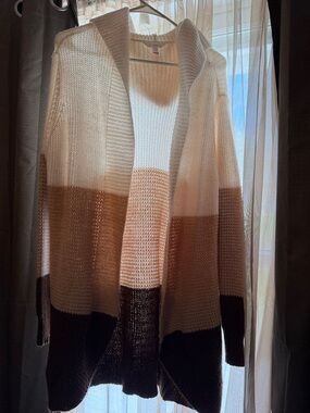Women's Colorblock Hooded Open Cardigan Sweater - Cream, Tan & Brown